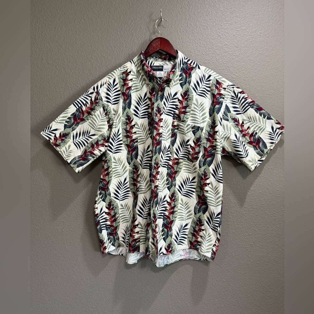 Alexander Martin Hawaiian Green Red Palm Leaf Button Down Cotton Top Shirt XL